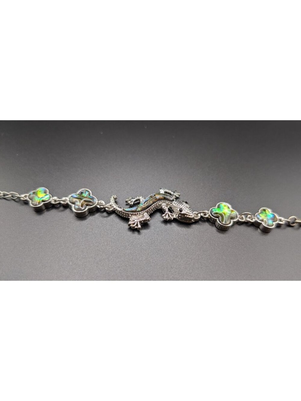 Silver-tone Chain Link Bracelet with Abalone Shell Figural Gecko/Lizard